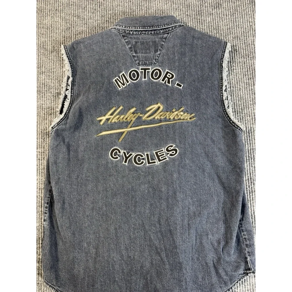 Harley-Davidson Sleeveless‎ Denim Vest Black Button-Up Embroidered Men's Large